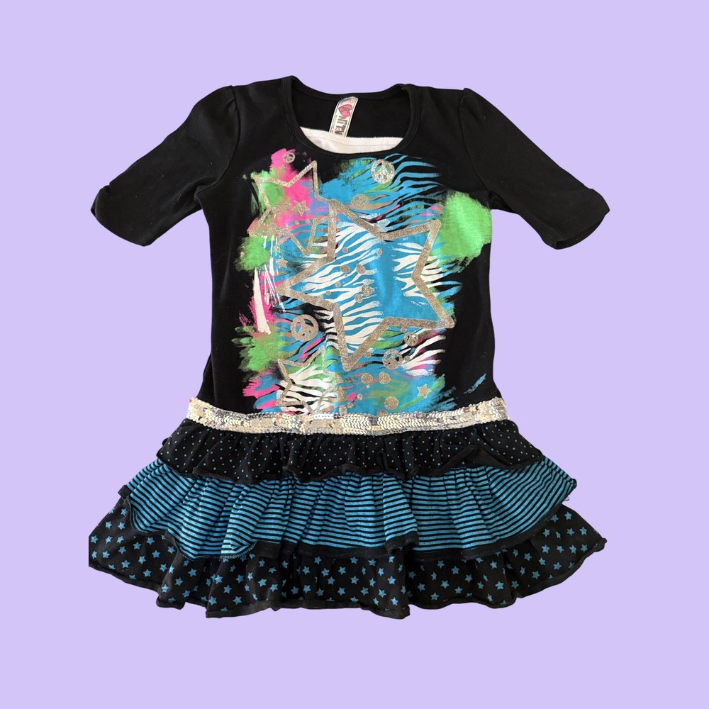 Y2K Nitworks Scene Star Zebra Peace Sign Tiered Ruffle Mini Dress/Shirt #18